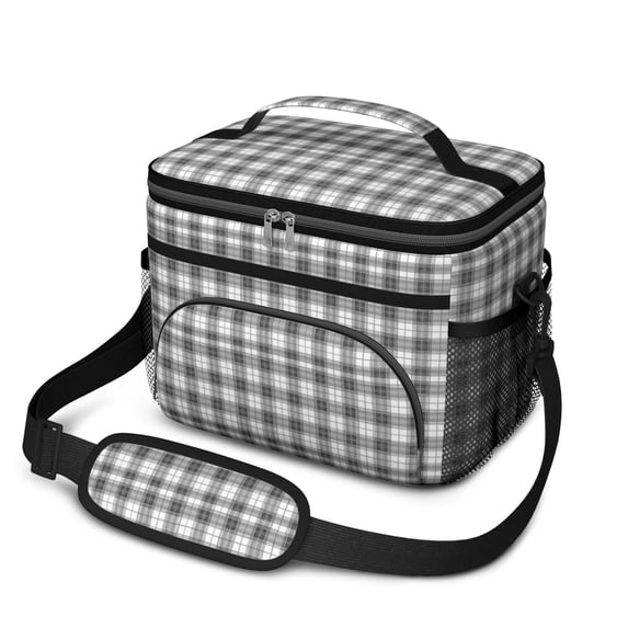 White and Black Checkered Pattern Insulated Lunch Box for Women Men, Medium Leakproof Cooler Bag with Adjustable Strap, 10"x6.7"x8"