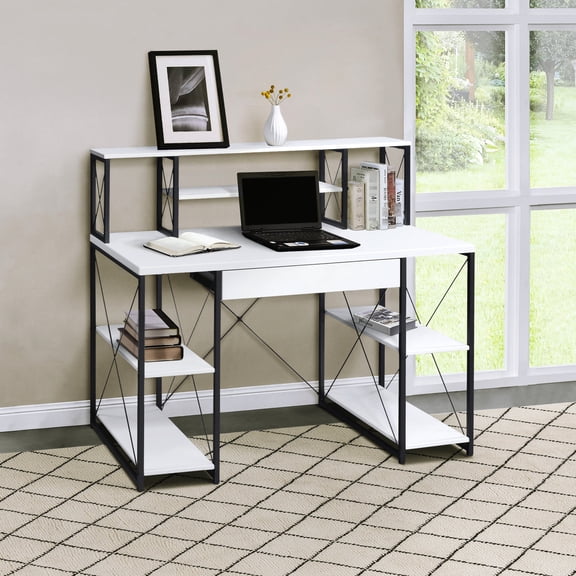 White and Black Desk with Metal Sled Base for Stable Support in Office Environments