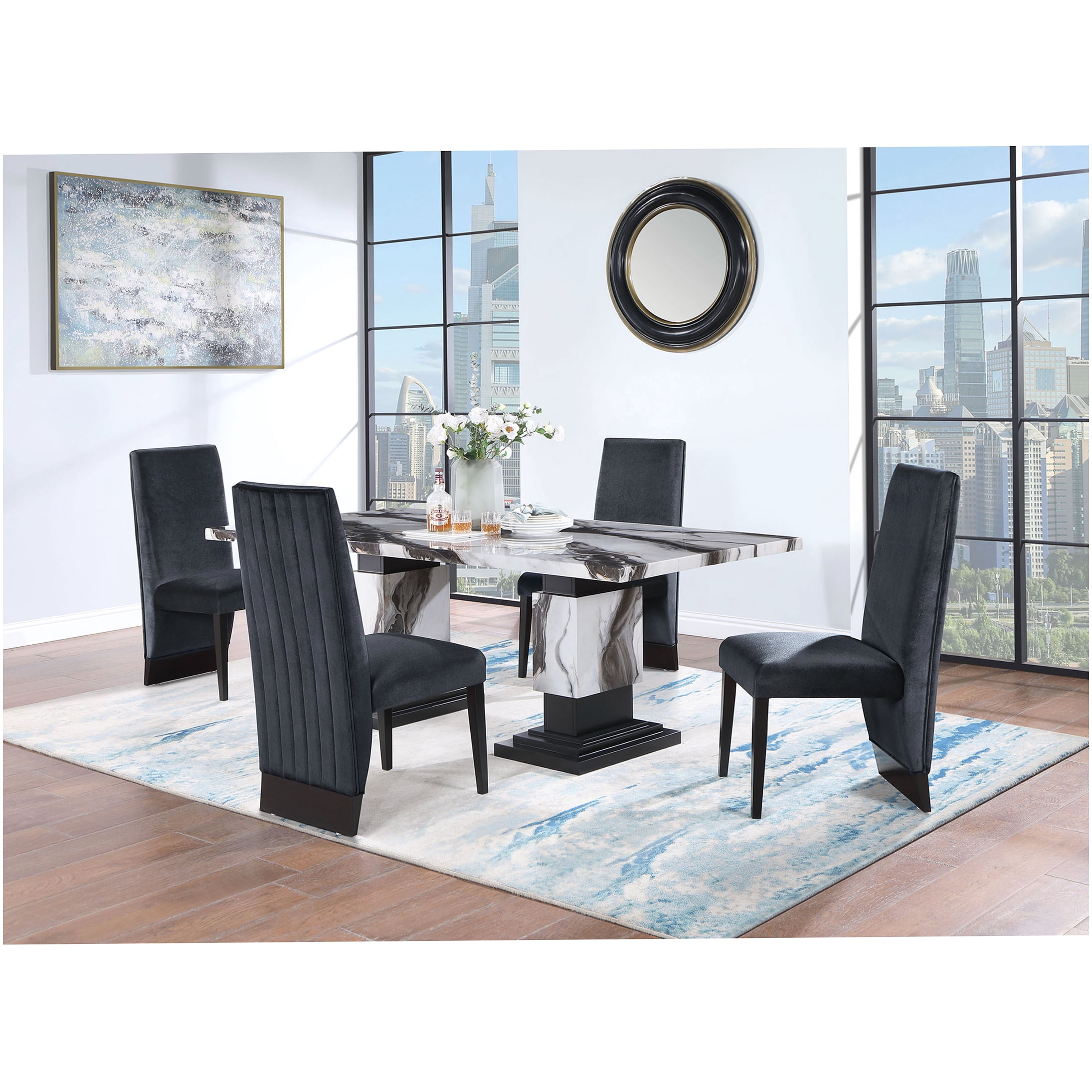 White and Black Faux Marble Dining Table Set with 4 Chairs, Rubber Wood ...