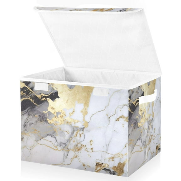 White and Black Golden Marble Large Lidded Bin Foldable Storage Baskets Boxes Cubes Lids with 2 Handles for Home Bedroom Office 16.5x12.6x11.8inch