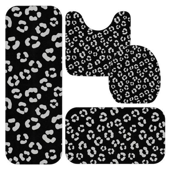 White and Black Leopard Print Bathroom Rug Set 4 Piece,Includes Contour,Lid Cover,Bath Mat,Non-Slip Extra Soft Absorbent Washable