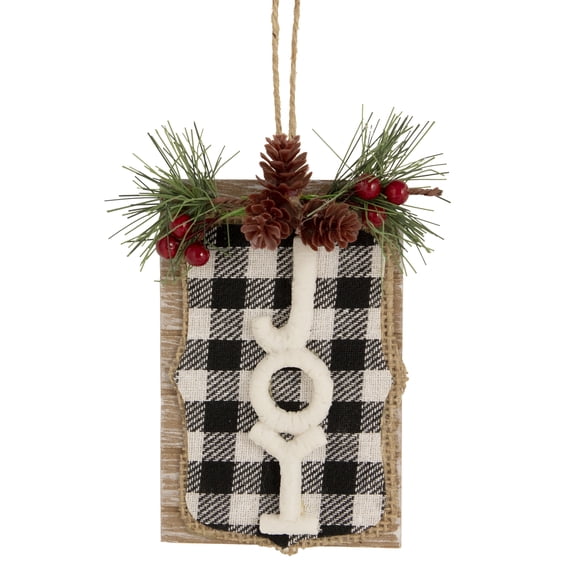 Northlight 4.75" Black and White Buffalo Plaid "Joy" Pinecone Christmas Sign Ornament