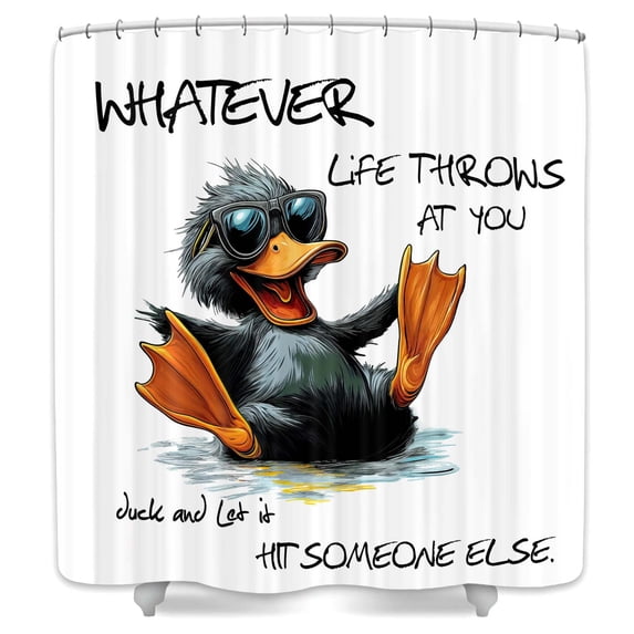 White and Black Shower Curtain,Funny Quotes Duck Bathtub Curtain,Animal Pet Bathroom Decor,Fabric Waterproof Bathroom Accessories with Hooks,69X70 in