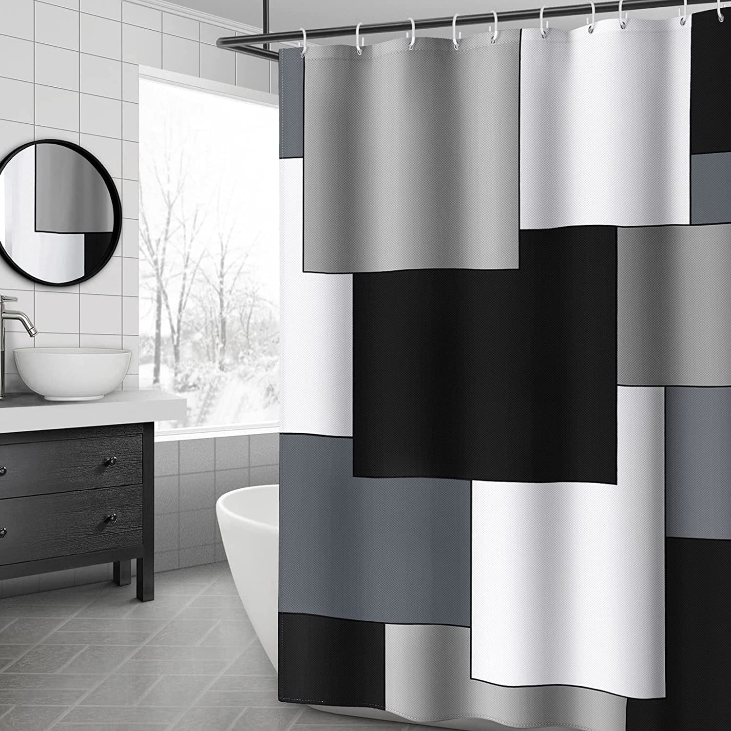 White and Black Shower Curtain Mordern Geometric Gray Shower Curtains for Bathroom 72 x 72 Inches