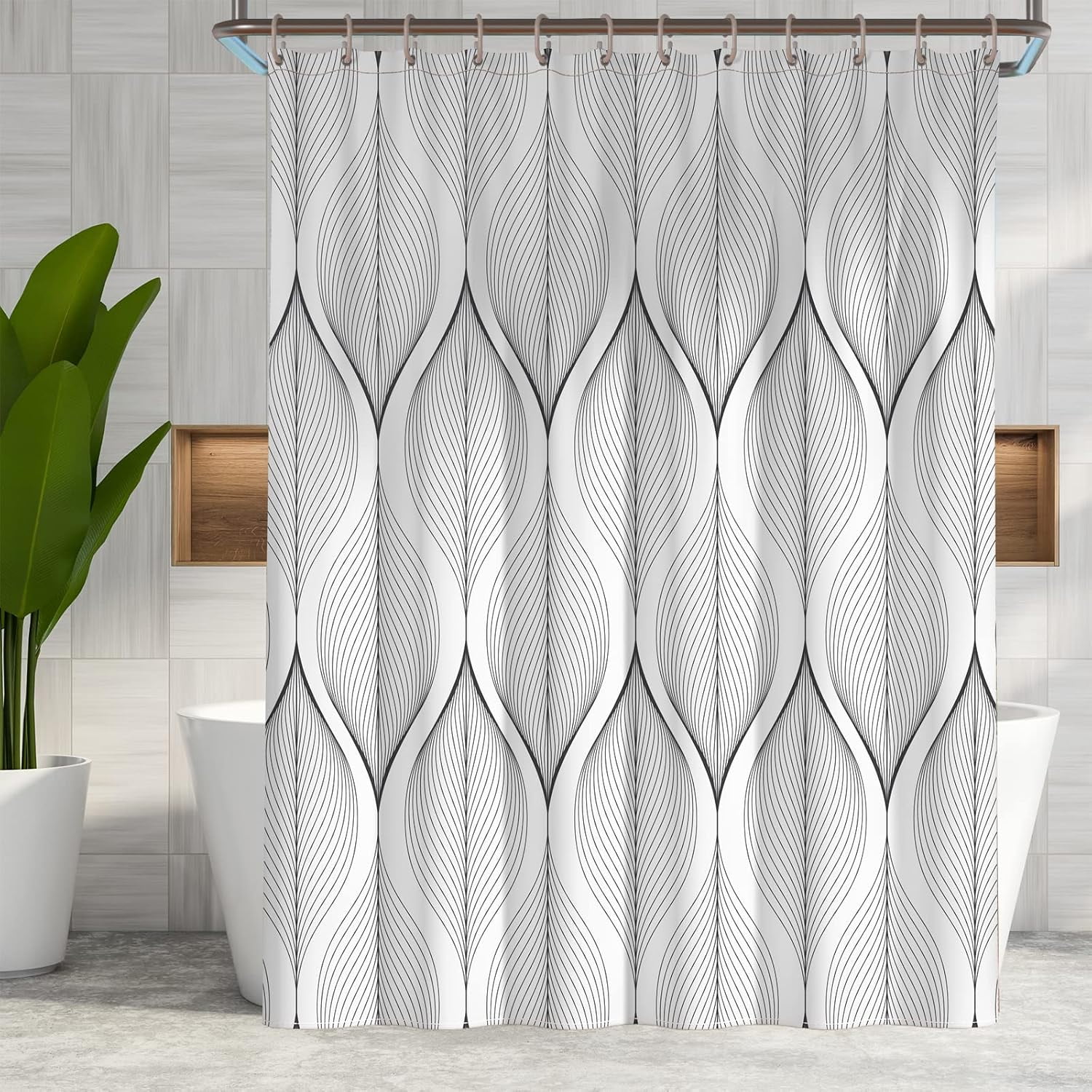 White and Black Shower Curtain for Bathroom Abstract Geometric Shower Curtain Waterproof Fabric Shower Curtains with Hooks 72"W x 96"L (Pack of 1)