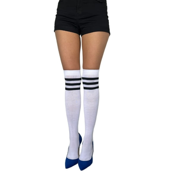 White and Black Striped Cotton Tube Socks for Women