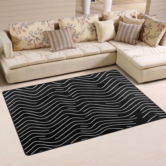 White and Black Waves Soft Polyester Area Rug 60''x39'', Non Slip, Memory Foam, Water Absorbent