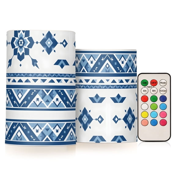 White and Blue Aztec Flickering Flameless Candles Battery Operated with Remote Timer LED Pillar Candles Set of 2