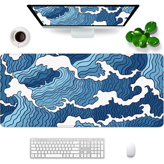 White and Blue Mouse Pad XL 31.5x11.8x0.12 inch Large Mouse Pad for Desk with Personalized Design for Laptop, Computer PC (Blue Wave - 1)