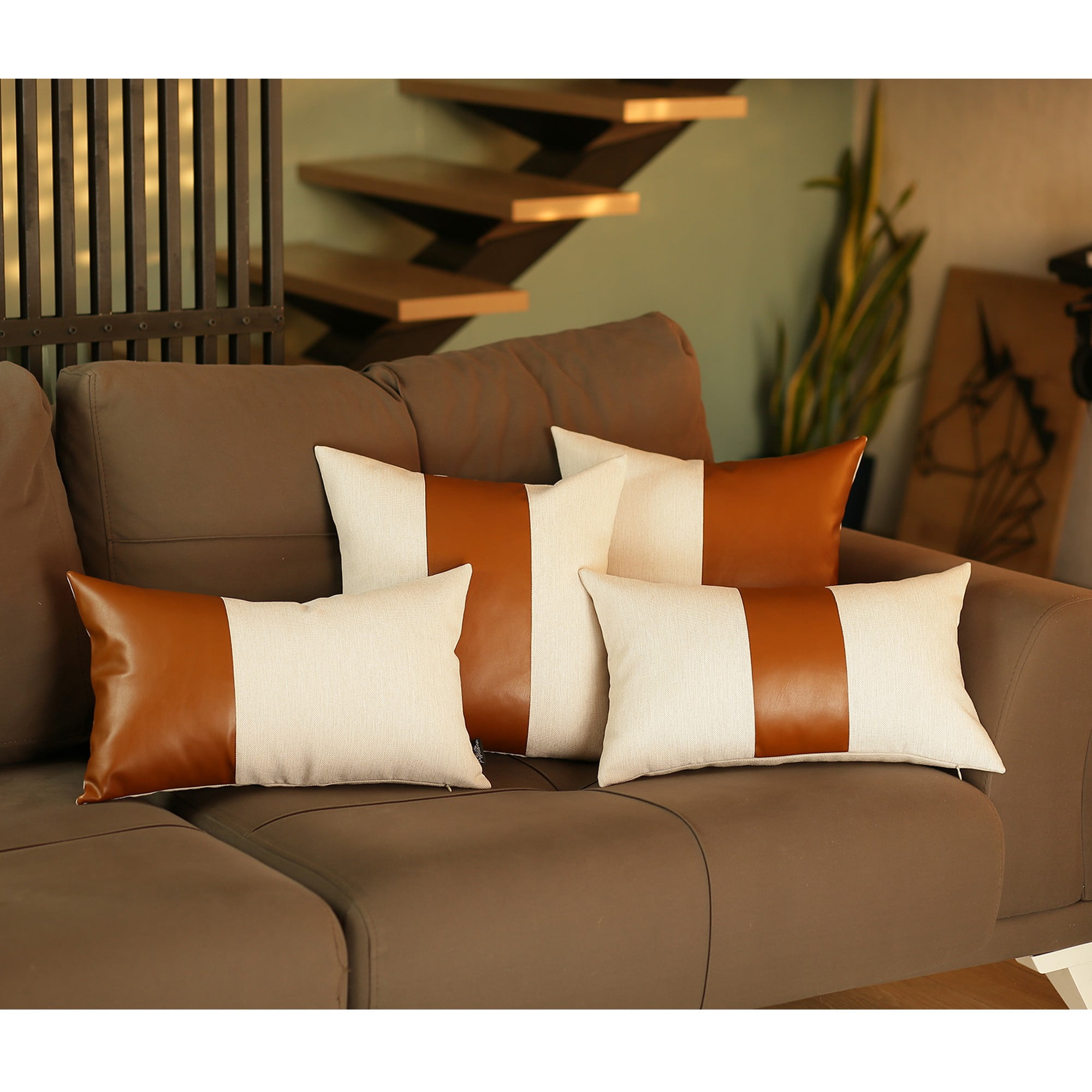 Bohemian Bright Brown and White Faux Leather Lumbar Pillow Cover