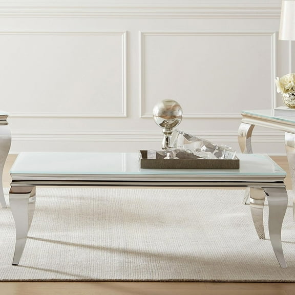 White and Coffee Table with Glass Top, Modern Glam Design