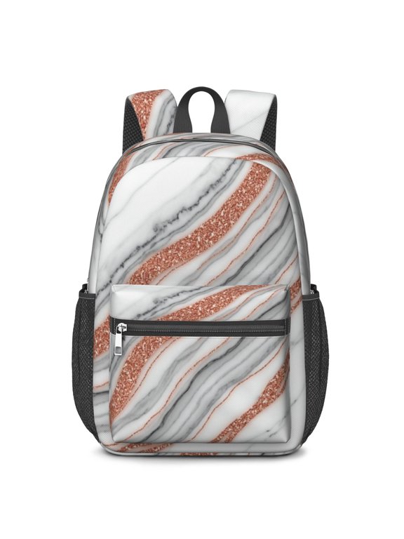 White and Copper Marble Pattern 17" Waterproof Oxford School Backpacks for Teens, S-Shape Padded Straps, for School, Travel, Hiking, Camping