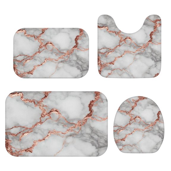 White and Copper Marble Pattern Bathroom Rug Set 4 Piece,Includes Contour,Lid Cover,Bath Mat,Non-Slip Extra Soft Absorbent Washable