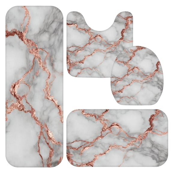 White and Copper Marble Pattern Bathroom Rug Set 4 Piece,Includes Contour,Lid Cover,Bath Mat,Non-Slip Extra Soft Absorbent Washable