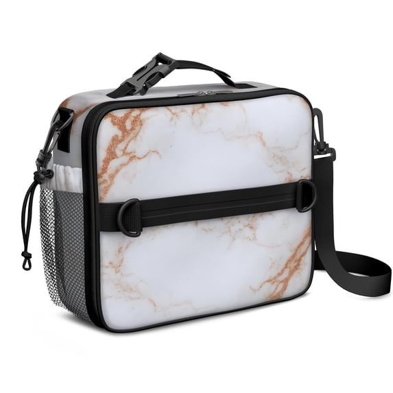 White and Copper Marble Pattern Insulated Lunch Bag with Shoulder Strap and Bottle Holder,Bento School Lunch Bag Box,11x9.5x3.5 Inches