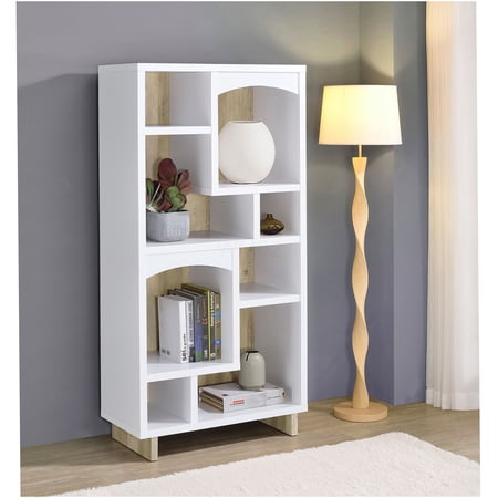 White and Distressed Pine 65-inch 8-Shelf Bookcase, Open Storage Organizer with Arch Detail for Living Room, Bedroom, Home Office