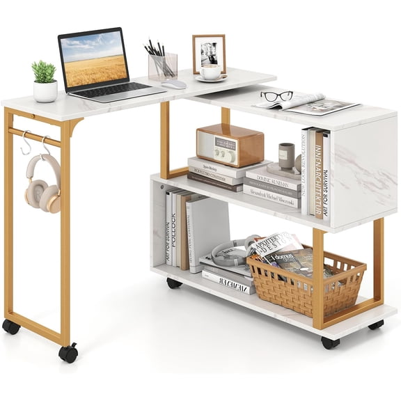 White and Gold 360 Free Rotating Sofa Side Table, L-Shaped Desk with Storage & Headphone Hooks