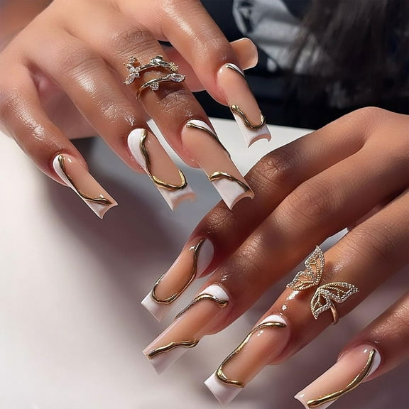White and Gold 3D French Manicure Nails Wraps Long Square False Nails on Nails Easy Application Nails