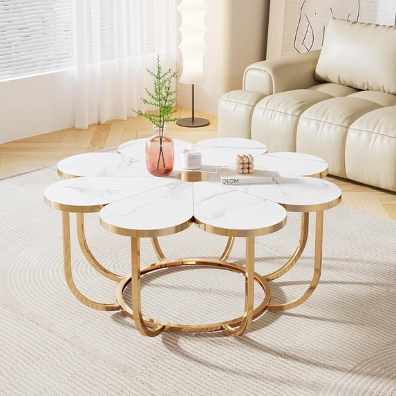 White and Gold Coffee Table, 39.37-Inch Modern Flower-Shaped Coffee Table with Faux Marble Tabletop