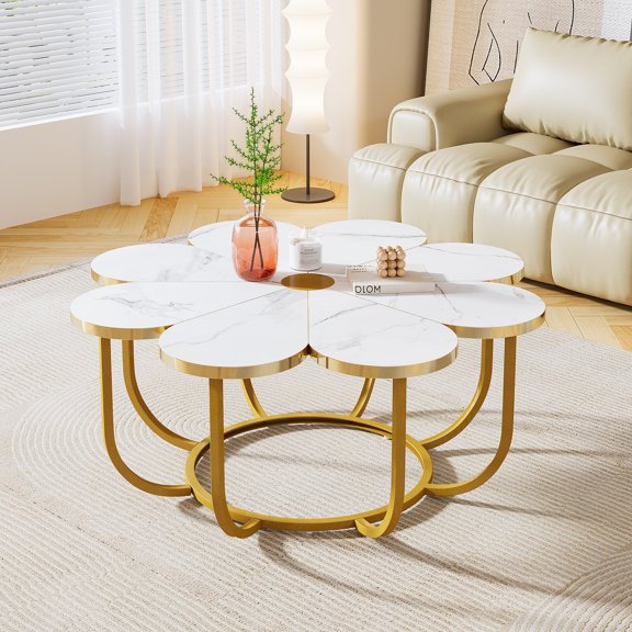 White and Gold Coffee Table, 39.37-Inch Modern Flower-Shaped Coffee Table with Faux Marble Tabletop