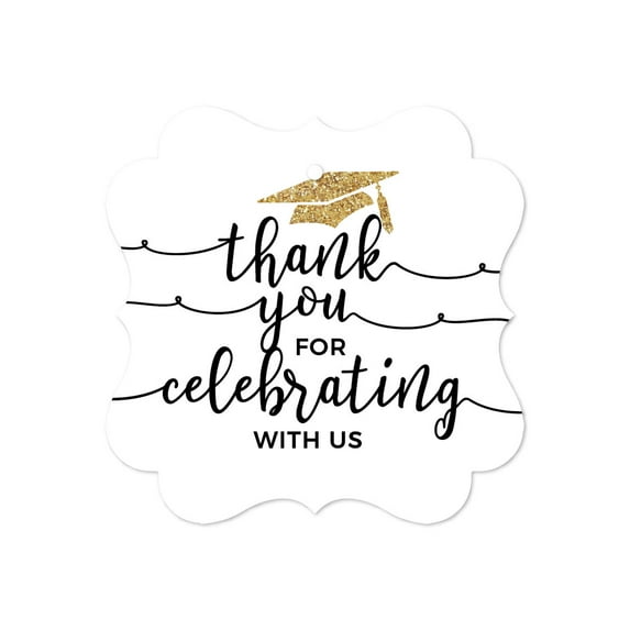 White and Gold Glittering Graduation, Fancy Frame Gift Tags, Thank You for Celebrating With Us, 24-Pack