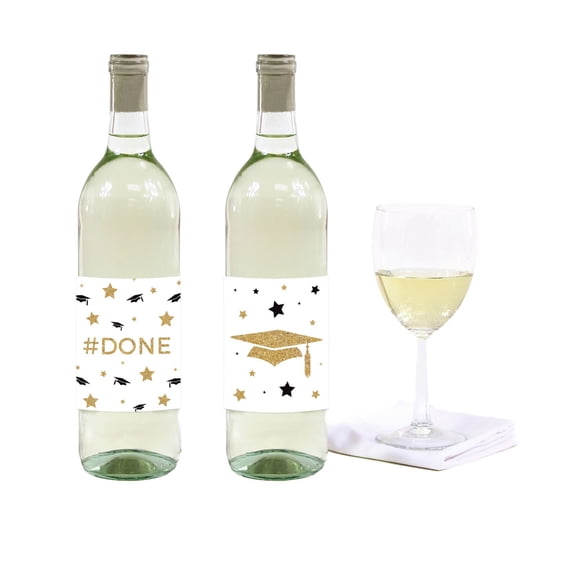 White and Gold Glittering Graduation, Wine or Apple Cider Bottle Labels, 8-Pack