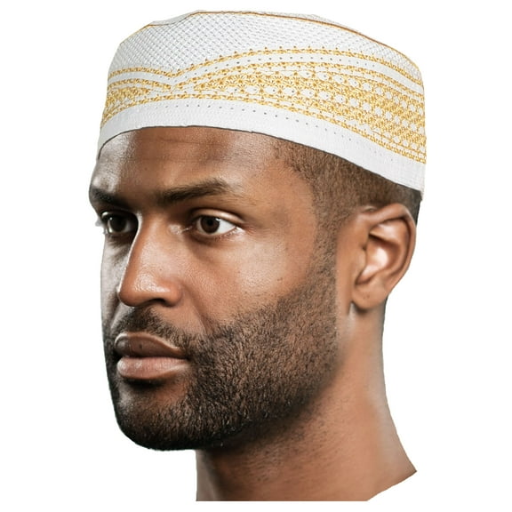 White and Gold Kofia Hat African Embroidered Kufi Cap