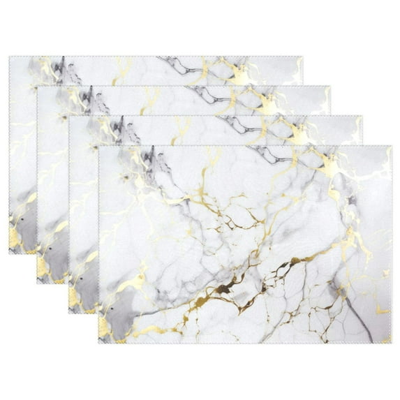 White and Gold Marble 4 PCs Placemats Set Linen Non-Slip Table Mat Rectangular Washable for Dining Kitchen Party 12"x18"