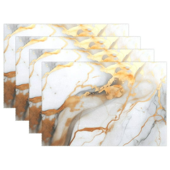 White and Gold Marble 4 PCs Placemats Set Linen Non-Slip Table Mat Rectangular Washable for Dining Kitchen Party 12"x18"