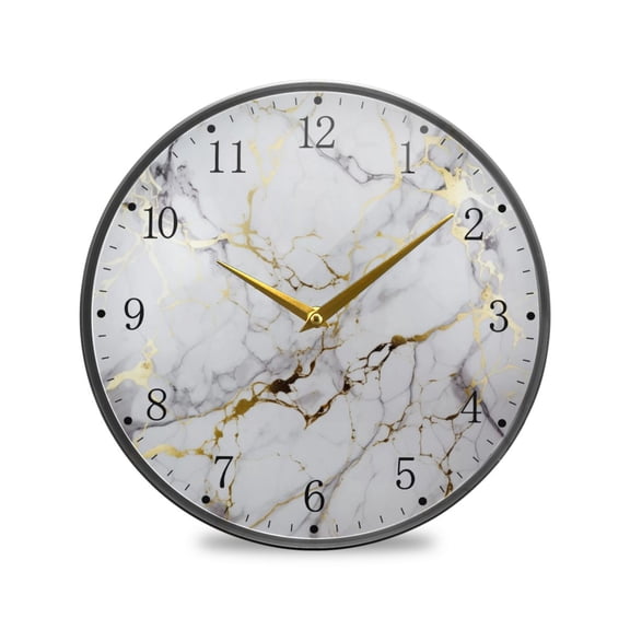 White and Gold Marble Acrylic Wall Clocks Quiet Round Clock Battery Operated Non-Ticking Clock for Bedroom Kitchen Office Decorative 11.9 Inch