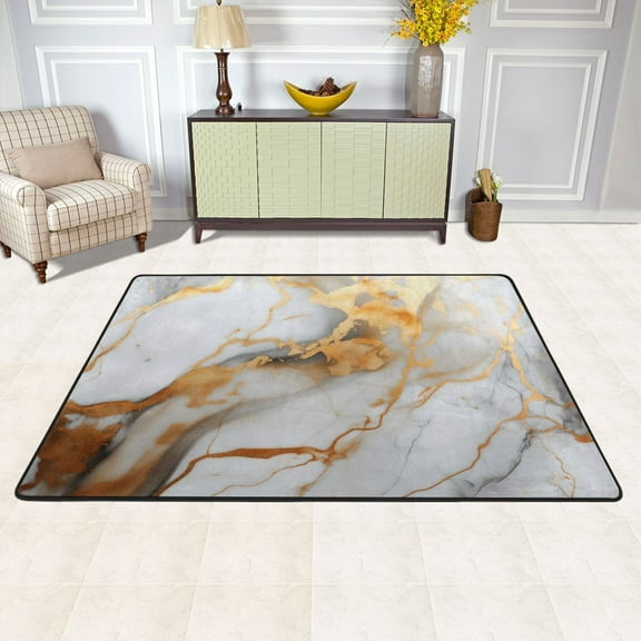 White and Gold Marble Area Floor Mats Soft Large Nursery Rugs Non-Slip Foam Carpets Living Room Doormat for Bedroom Dinning Decor 72" x 48"
