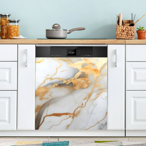 White and Gold Marble Magnetic Dishwasher Cover Magnet Refrigerator Dishwasher Sticker Home Decorative Art Kitchen Panel Decal 23x26 Inch