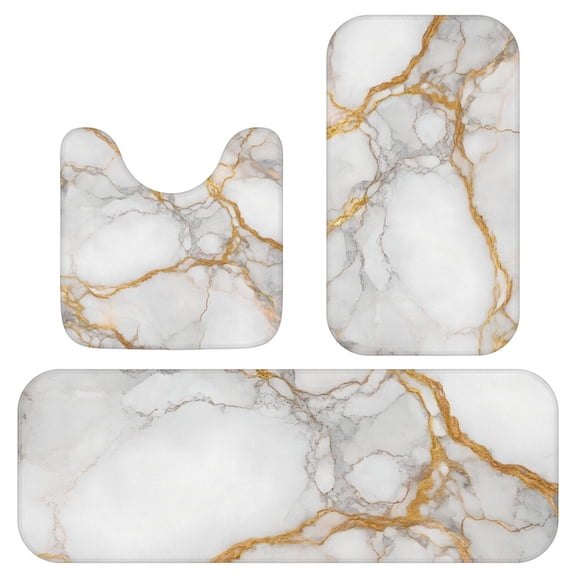White and Gold Marble Pattern Bathroom Rug Set 3 Piece,Non-Slip Bath Mat Set with U-Shaped Contour and Runner Soft Absorbent Washable