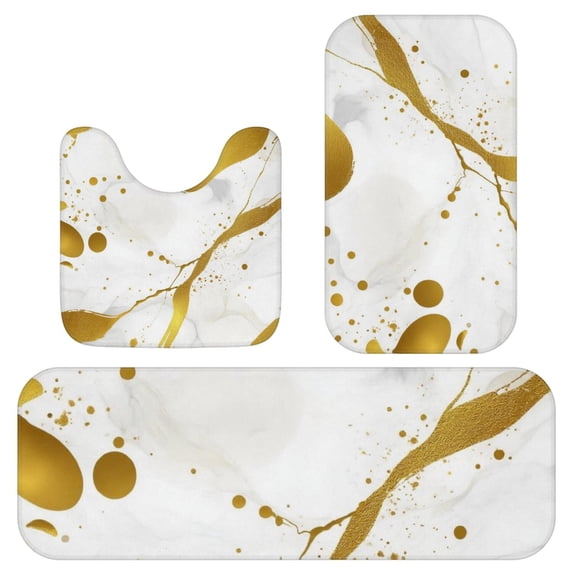 White and Gold Marble Pattern Bathroom Rug Set 3 Piece,Non-Slip Bath Mat Set with U-Shaped Contour and Runner Soft Absorbent Washable