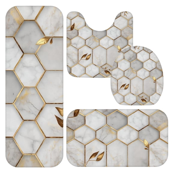 White and Gold Marble Pattern Bathroom Rug Set 4 Piece,Includes Contour,Lid Cover,Bath Mat,Non-Slip Extra Soft Absorbent Washable