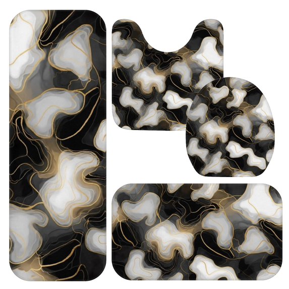 White and Gold Marble Pattern Bathroom Rug Set 4 Piece,Includes Contour,Lid Cover,Bath Mat,Non-Slip Extra Soft Absorbent Washable