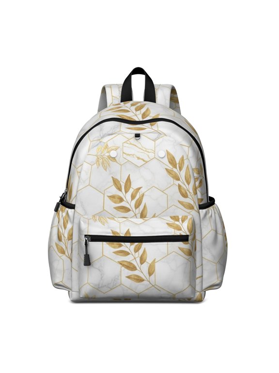 White and Gold Marble Pattern Cute School Backpack with Padded Back and Adjustable Shoulder Straps 13.4"x11"x4.7"
