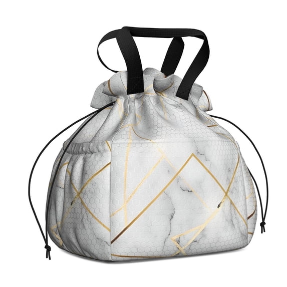 White and Gold Marble Pattern Drawstring Insulated Lunch Bag for Women ...