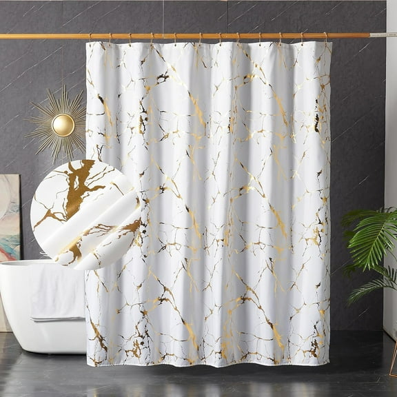 White and Gold Marble Shower Curtains for Bathroom,Glitter Shower Curtain with Hooks,Unique Gold Printed,Water Proof,Washable-36"W x 72"L (Pack of 1)