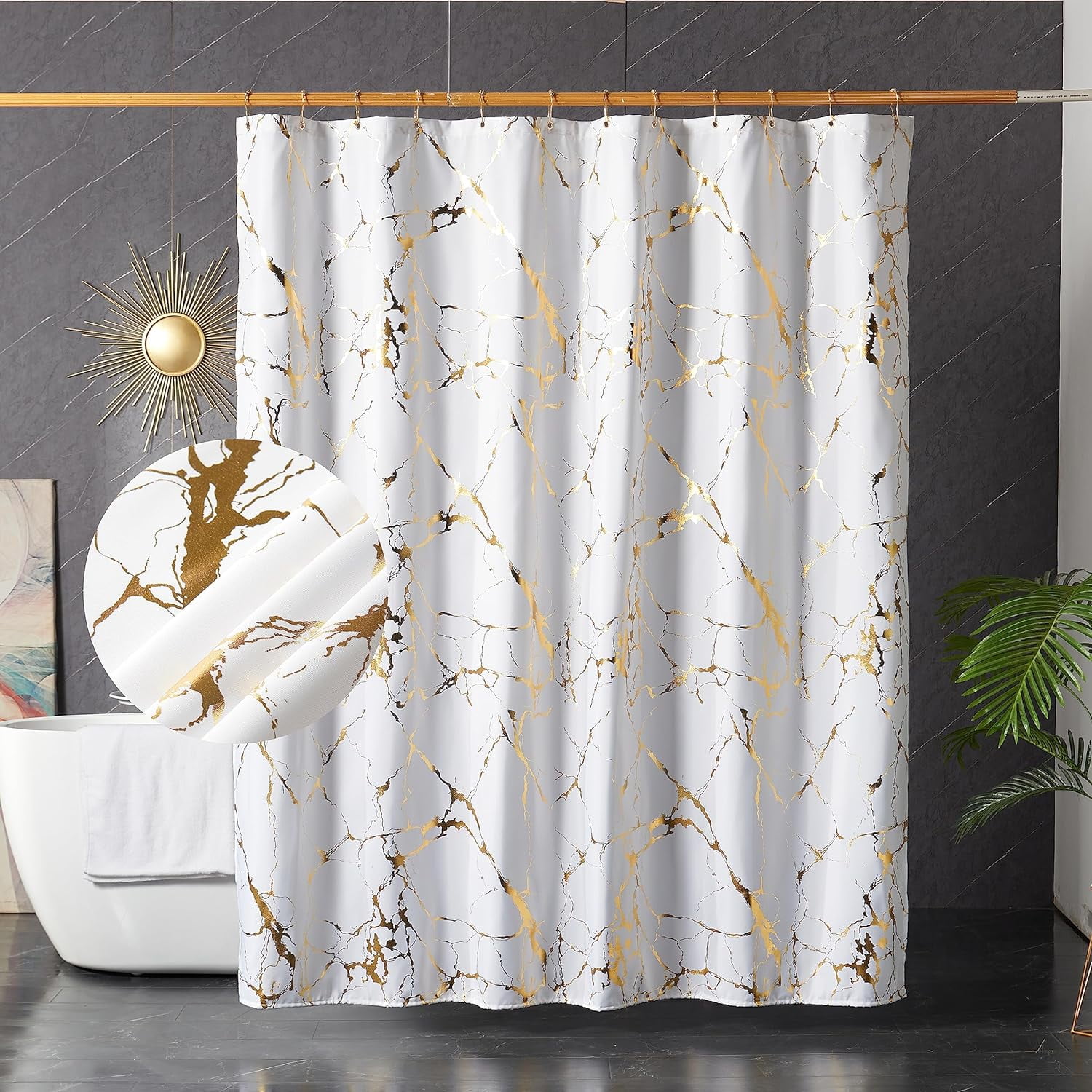 White and Gold Marble Shower Curtains for Bathroom,Glitter Shower Curtain with Hooks,Unique Gold Printed,Water Proof,Washable-72"W x 72"L (Pack of 1)