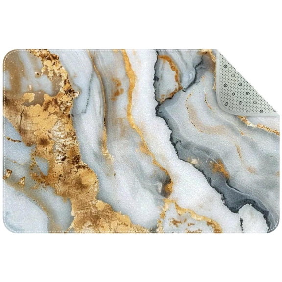 White and Gold Marble Texture Small Area Rug, Non-Slip Door Mat Indoor Floor Mat, Washable Kitchen Rug Entrance DMat for Bedroom Living Room