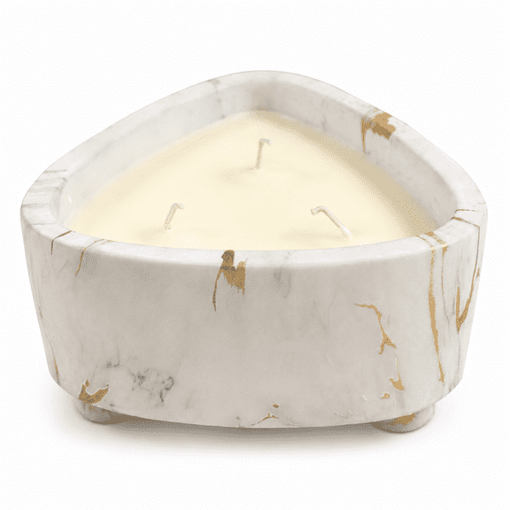 Aria Home White and Gold Marbled Triangular Candle Bowl, 15 oz Floral Candle