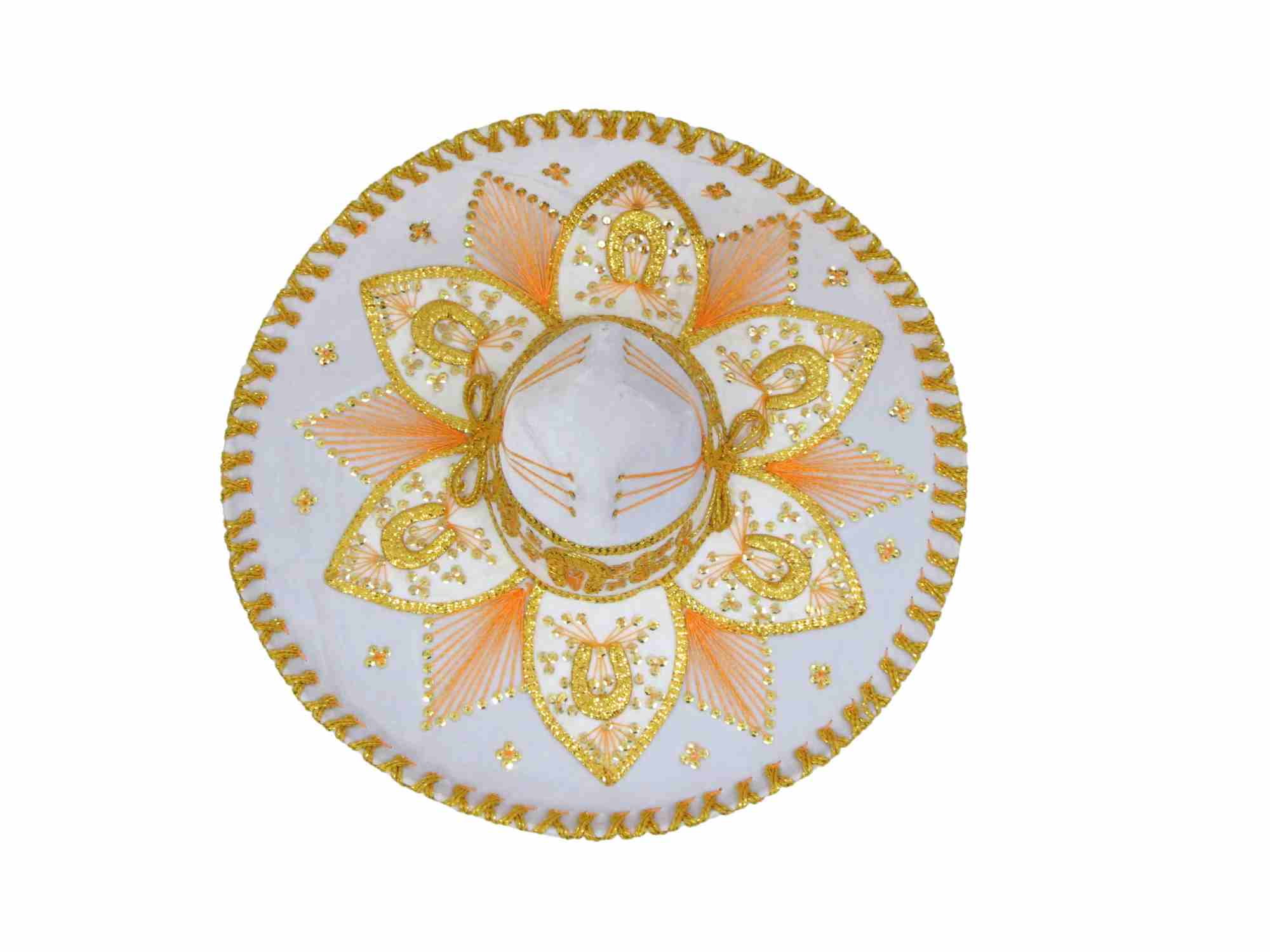 White and Gold Mexican Mariachi Charro Sombrero Adult – Velvet Hat with Embroidery