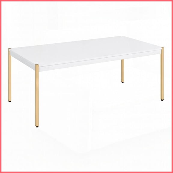 White and Gold Modern Minimalist Coffee Table, Spacious Rectangle Living Room Table with Stable Metal Legs