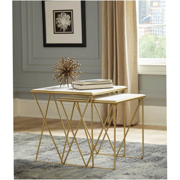 White and Gold Nesting Tables Set with Marble Top, 2-Piece Stackable Side Table for Living Room, Bedroom, or Office
