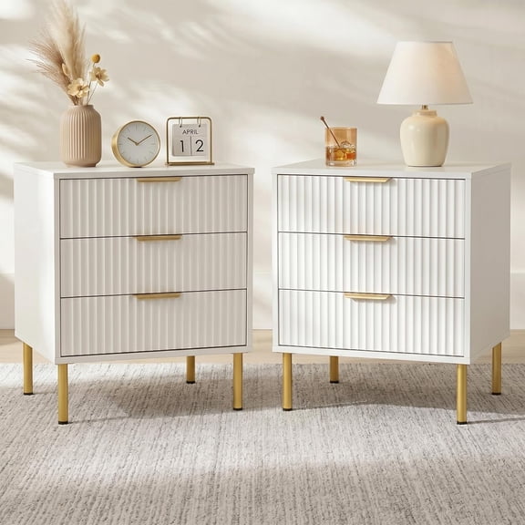White and Gold Nightstand Set of 2, 24" Tall Mid Century Modern Fluted Bedside Tables, 3 Drawer Small Dresser Pair, Ribbed Accent End Table Duo