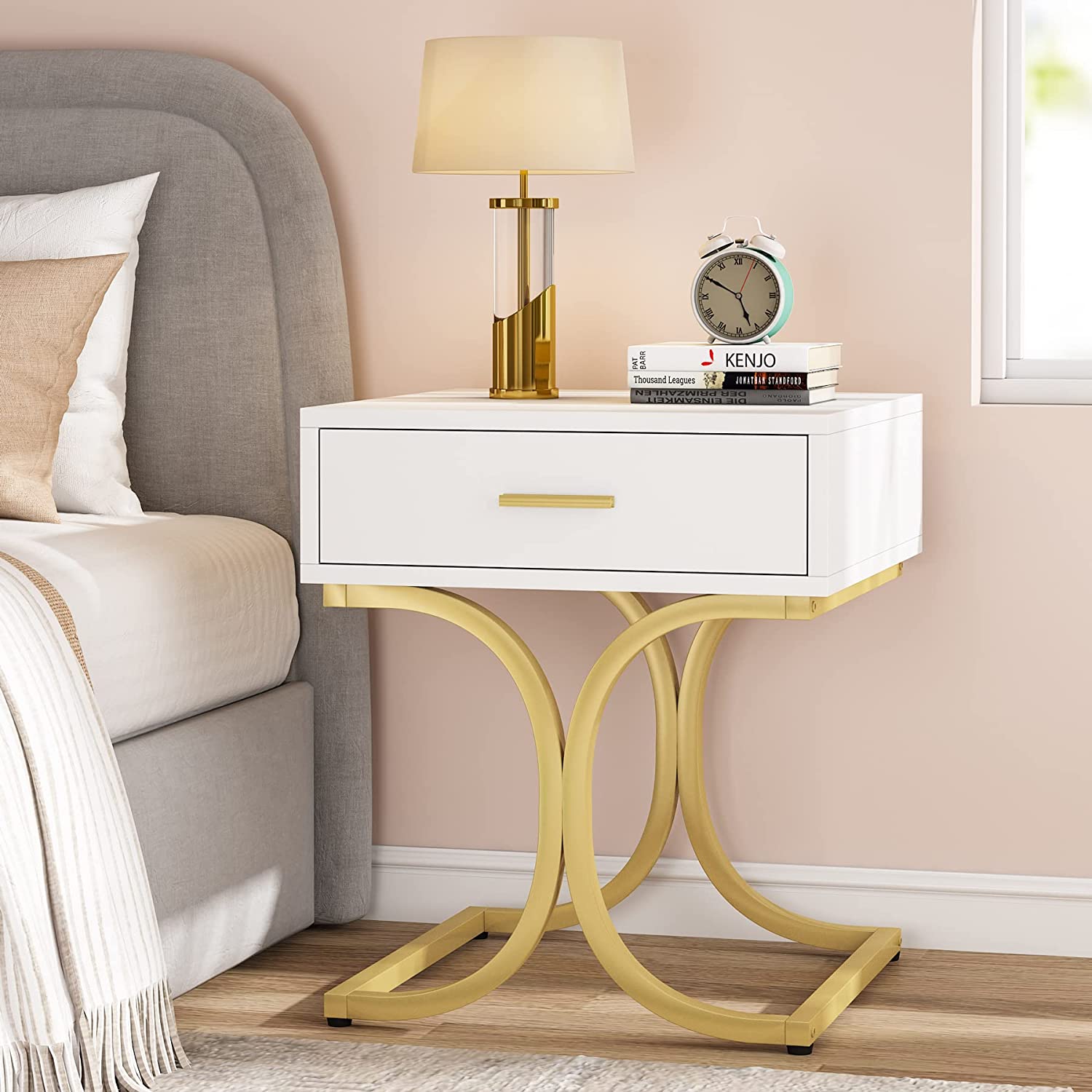 White and Gold Nightstand with Drawer Storage, Modern Night Stand End