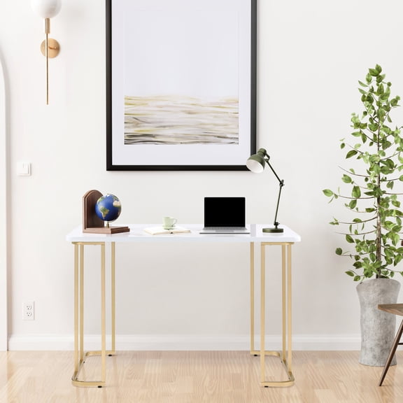 White and Gold Rectangular Desk | Used for Office Writing and Studying | Sled Base with Metal Legs | Guarantees Stability and Modern Look