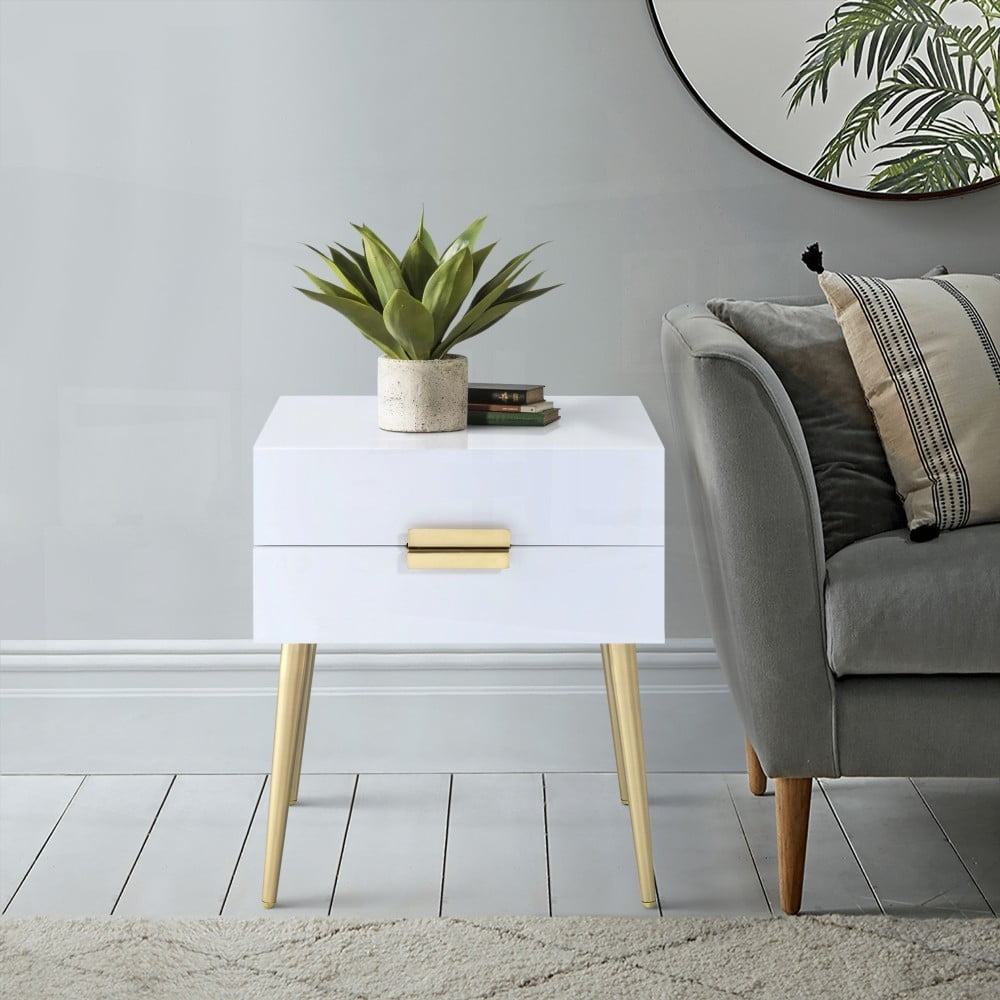 White and Gold Side Table - 2 Drawers, Compact & Perfect as End/Night ...