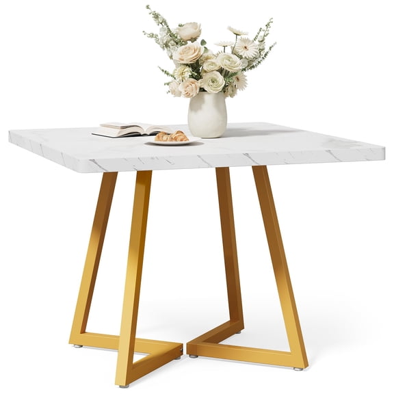 White and Gold Top Square Dining Table With Goldtone Metal Legs, 31.5 Inch
